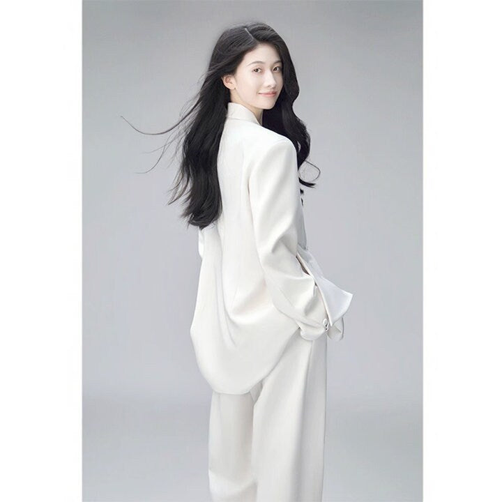 White chic style pantsuit, designer women loose fit blazer + wide legs pants suit set smart casual formal party event office wedding gift