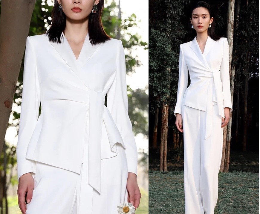 Light white pantsuit, designer women minimalist style blazer + wide legs pants smart casual formal office wedding cocktail party event gift