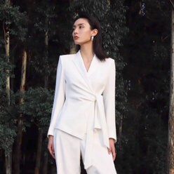 Light white pantsuit, designer women minimalist style blazer + wide legs pants smart casual formal office wedding cocktail party event gift