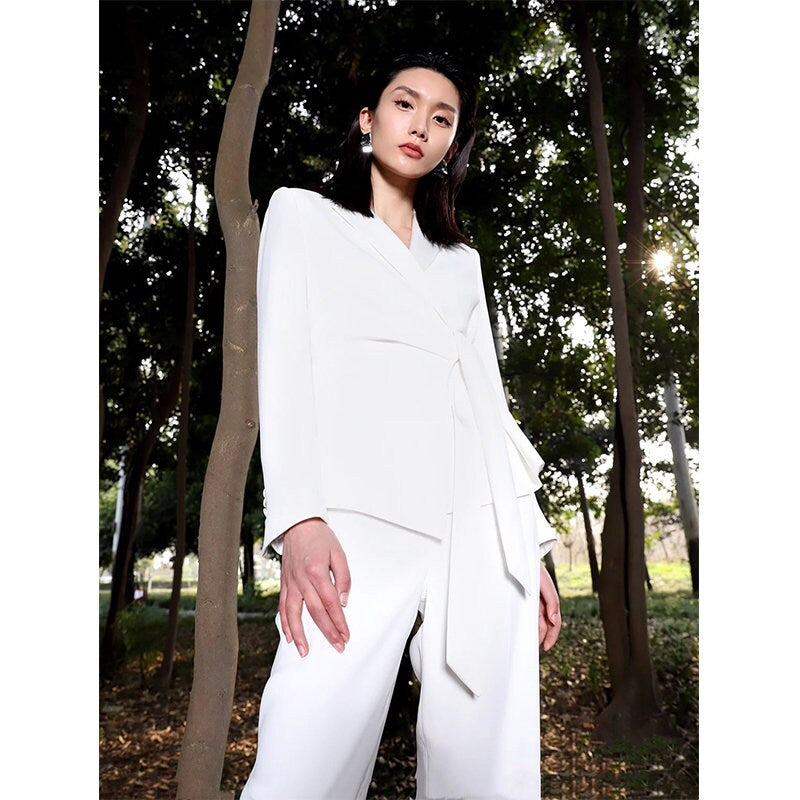 Light white pantsuit, designer women minimalist style blazer + wide legs pants smart casual formal office wedding cocktail party event gift