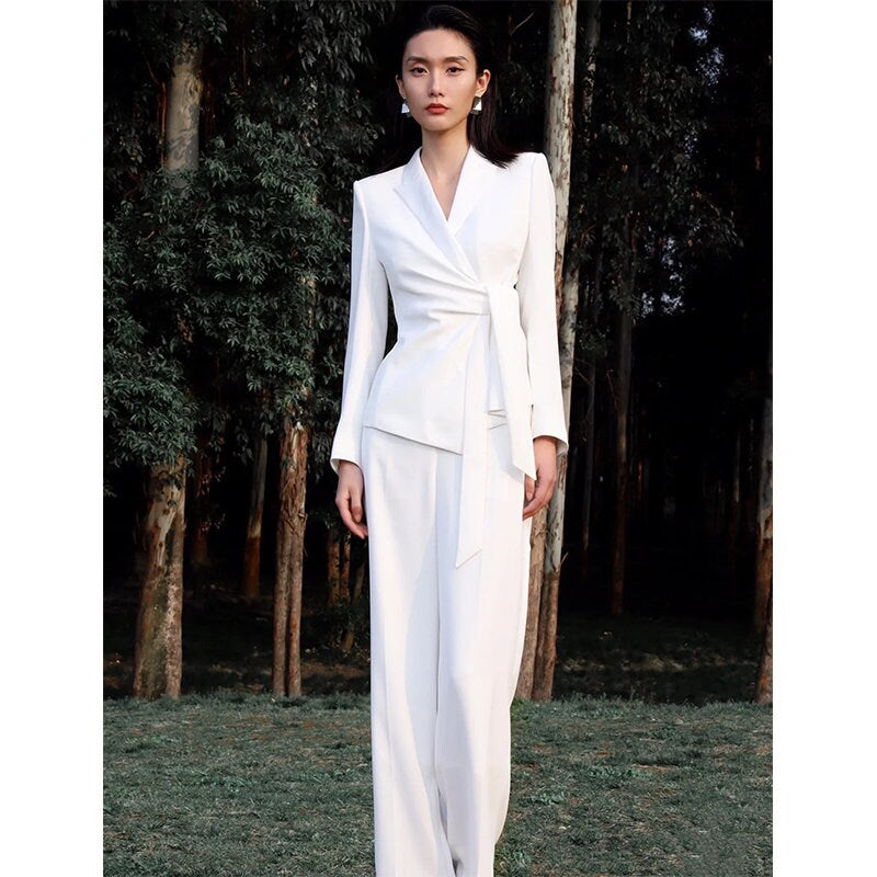 Light white pantsuit, designer women minimalist style blazer + wide legs pants smart casual formal office wedding cocktail party event gift