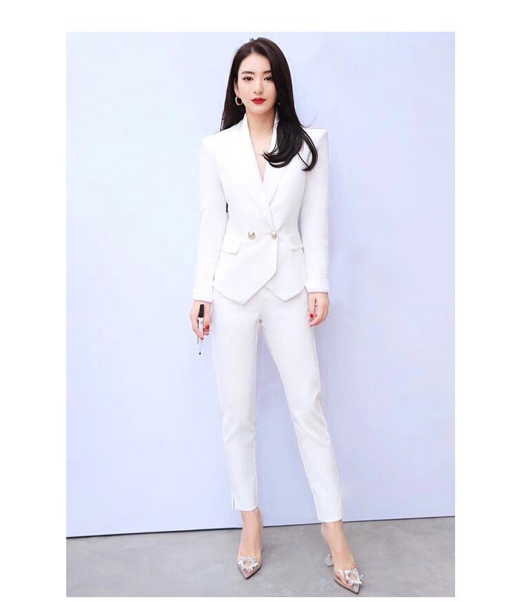 White professional style pantsuit, designer women slim cut suit jacket/ blazer + pants formal smart casual office wedding cocktail gift