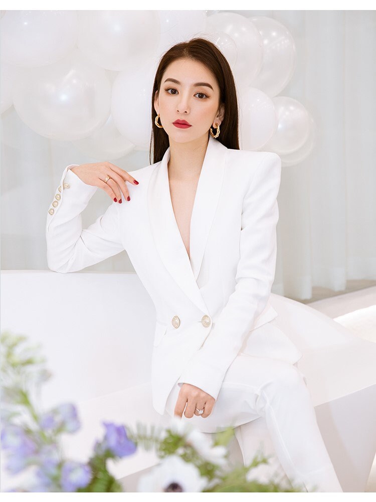 White professional style pantsuit, designer women slim cut suit jacket/ blazer + pants formal smart casual office wedding cocktail gift