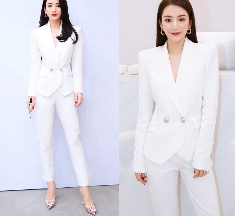 White professional style pantsuit, designer women slim cut suit jacket/ blazer + pants formal smart casual office wedding cocktail gift