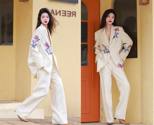 Flower print white pantsuit, designer women loose fit blazer + wide legs pants suit set smart casual formal office wedding cocktail party