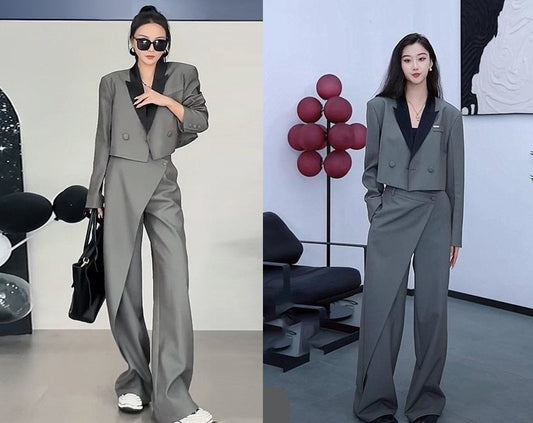 Gray stylish cool pantsuit, designer women short blazer + wide leg pants smart casual formal office wedding event party gift