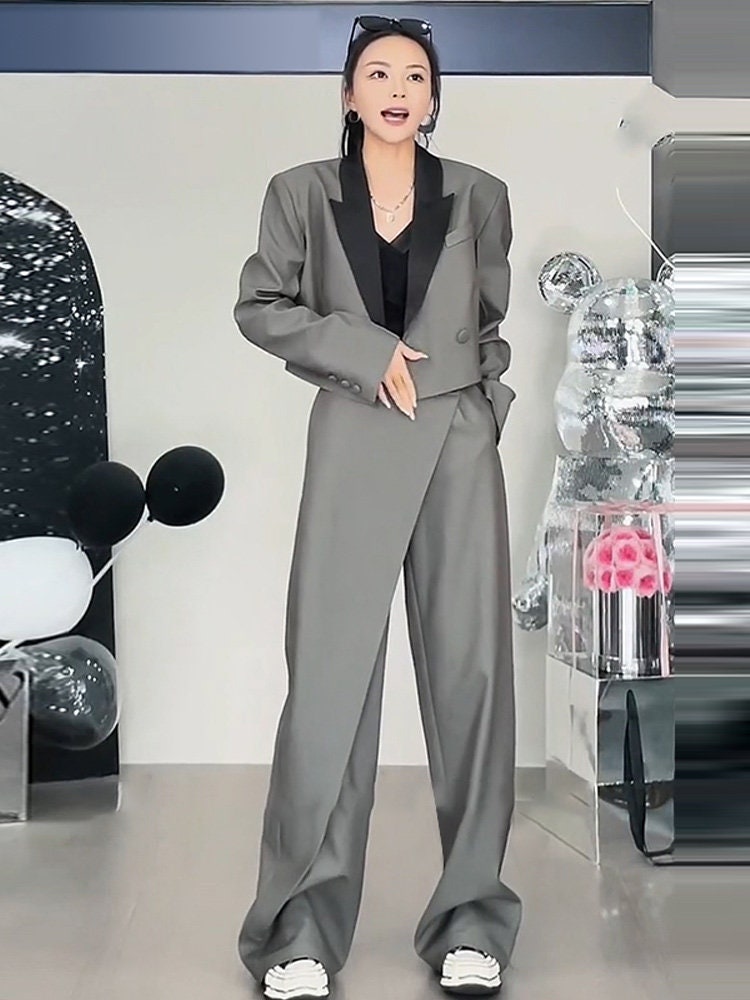 Gray stylish cool pantsuit, designer women short blazer + wide leg pants smart casual formal office wedding event party gift