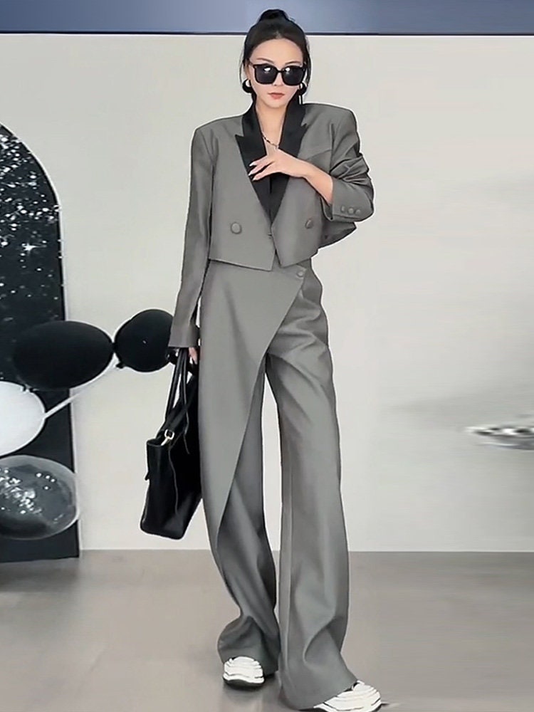 Gray stylish cool pantsuit, designer women short blazer + wide leg pants smart casual formal office wedding event party gift