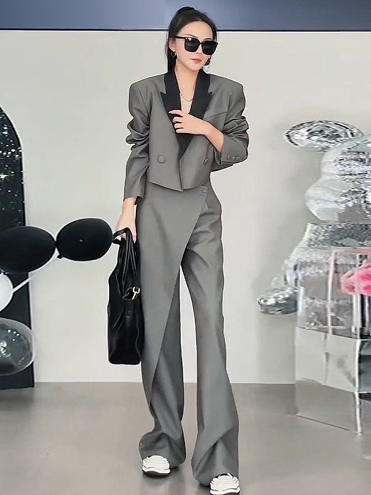 Gray stylish cool pantsuit, designer women short blazer + wide leg pants smart casual formal office wedding event party gift