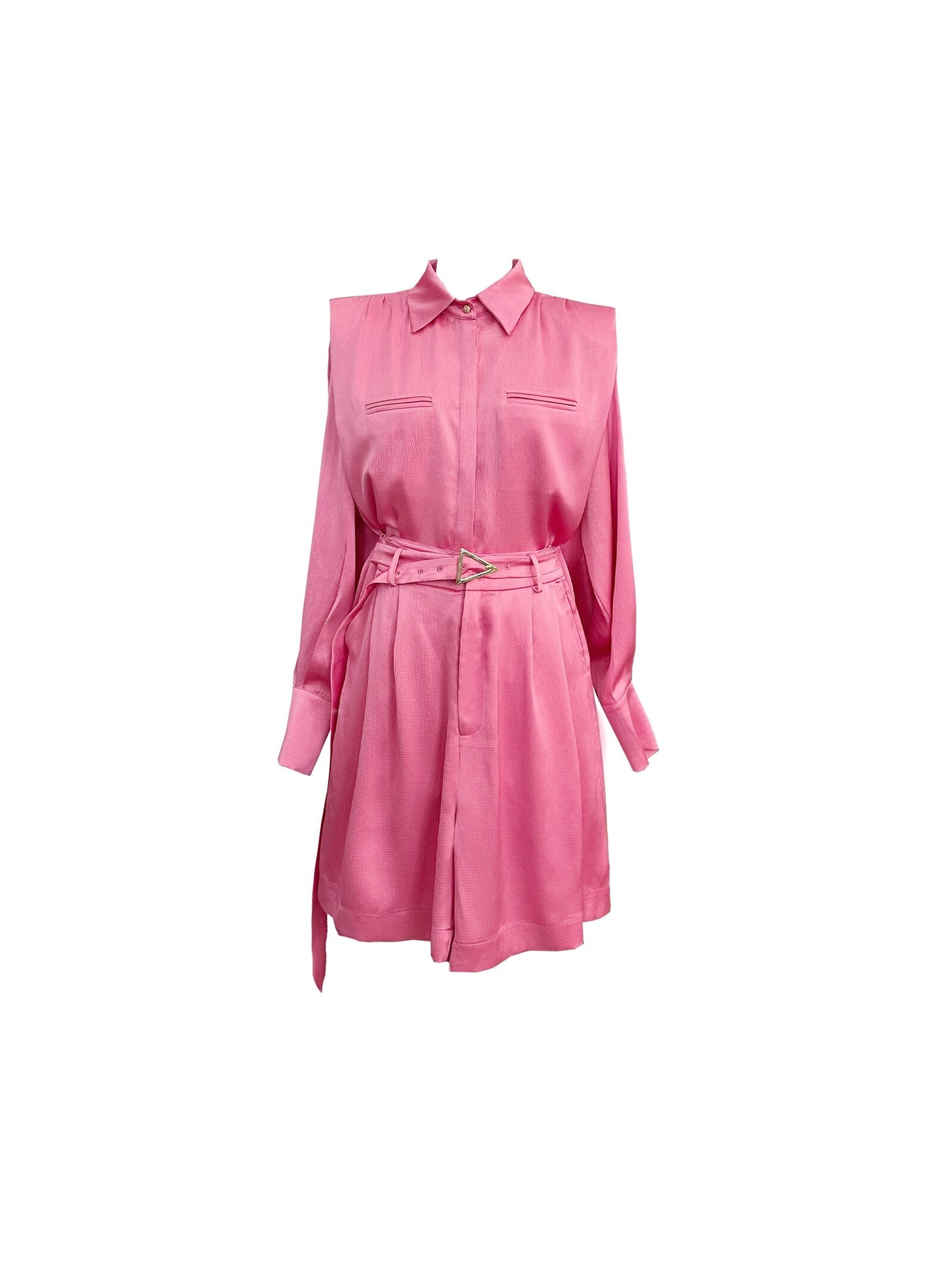 Summer shiny satin pink top + shorts 2 piece set, designer women long sleeve shirt + shorts with belt, smart casual outdoors party office