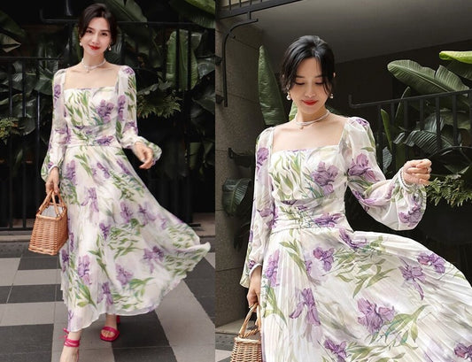 French elegant floral pattern dress, designer women square collar lantern sleeves pleated midi dress wedding casual cocktail prom