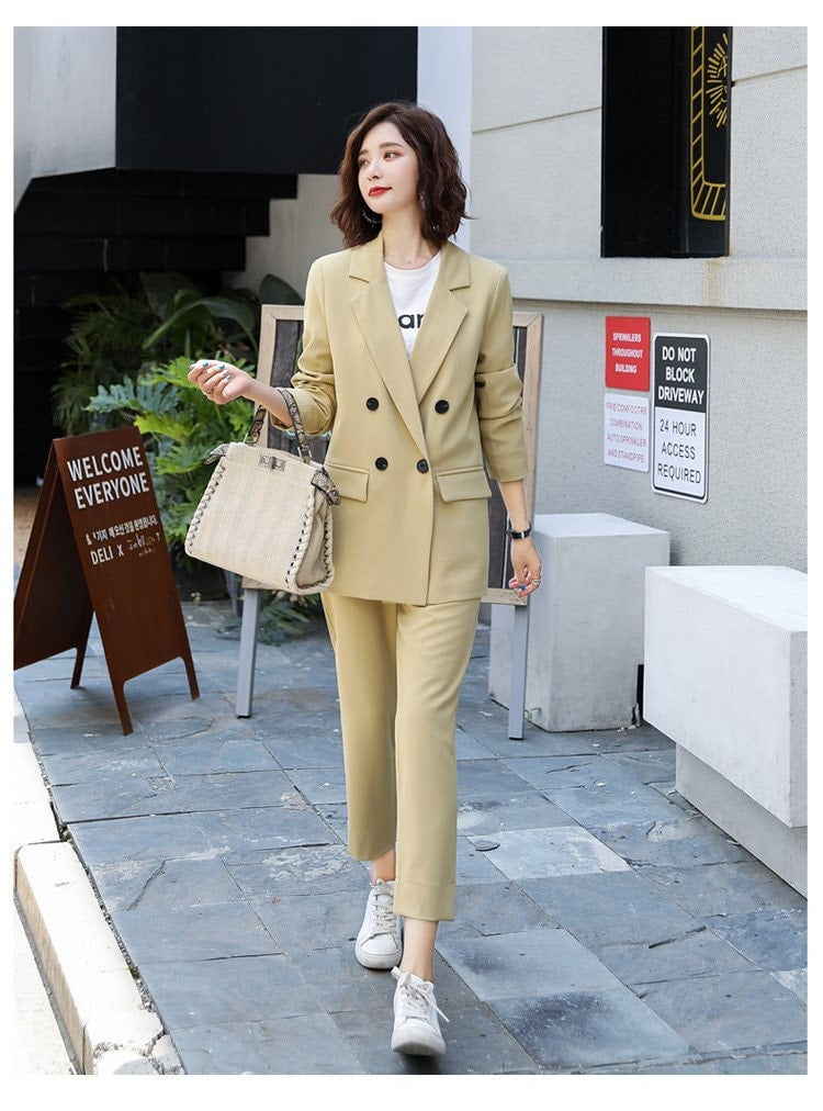 Green/Yellow/ Pink summer Pantsuit, Plus size Designer Woman Suit Jacket + Pants Slim Cut Suit set Smart Casual/ Formal/ Party Event