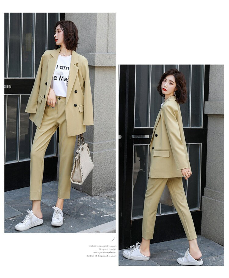 Green/Yellow/ Pink summer Pantsuit, Plus size Designer Woman Suit Jacket + Pants Slim Cut Suit set Smart Casual/ Formal/ Party Event