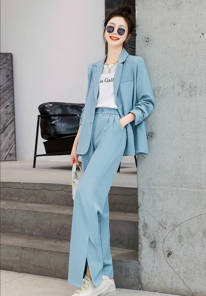 Blue / Pink summer Pantsuit, Plus size Designer Woman Suit Jacket + Pants Slim Cut Suit set Smart Casual/ Formal/ Party Event