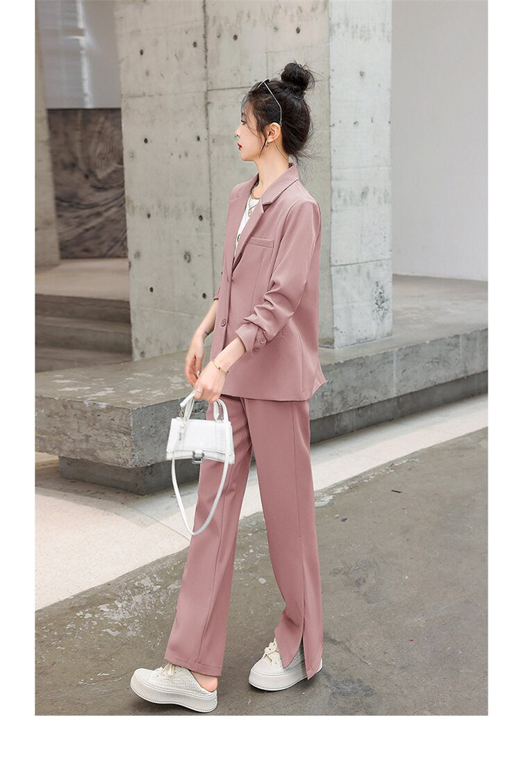 Blue / Pink summer Pantsuit, Plus size Designer Woman Suit Jacket + Pants Slim Cut Suit set Smart Casual/ Formal/ Party Event