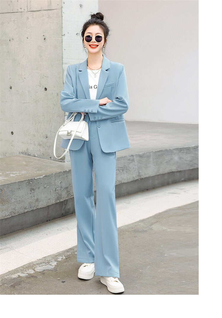 Blue / Pink summer Pantsuit, Plus size Designer Woman Suit Jacket + Pants Slim Cut Suit set Smart Casual/ Formal/ Party Event