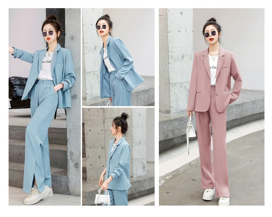 Blue / Pink summer Pantsuit, Plus size Designer Woman Suit Jacket + Pants Slim Cut Suit set Smart Casual/ Formal/ Party Event