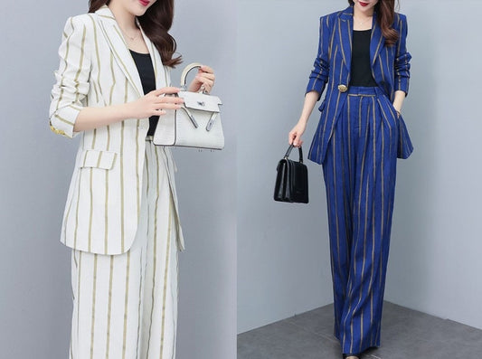 High-end gold striped blue/ white lady pantsuit, designer women spring blazer + pants suit set spring thin layer wedding prom office