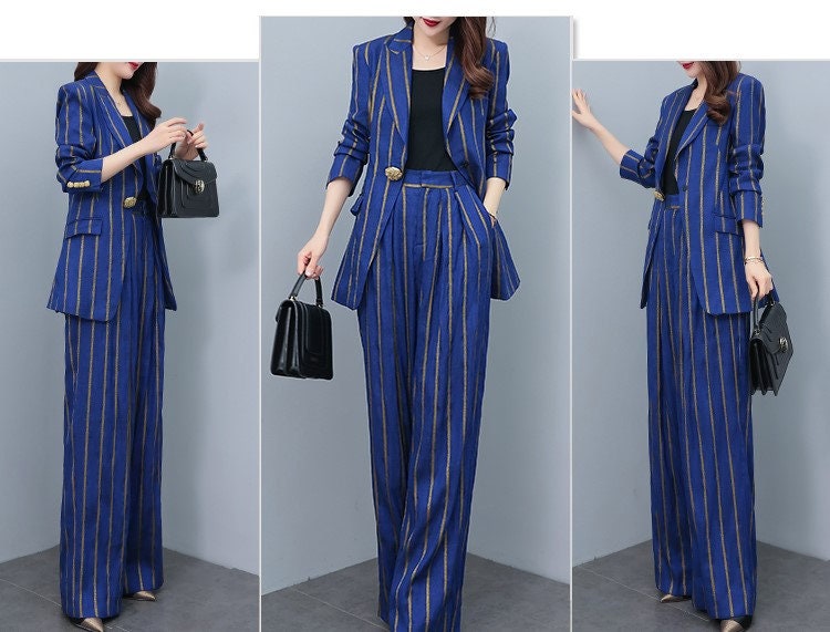 High-end gold striped blue/ white lady pantsuit, designer women spring blazer + pants suit set spring thin layer wedding prom office