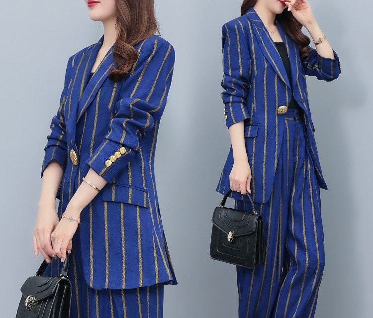 High-end gold striped blue/ white lady pantsuit, designer women spring blazer + pants suit set spring thin layer wedding prom office