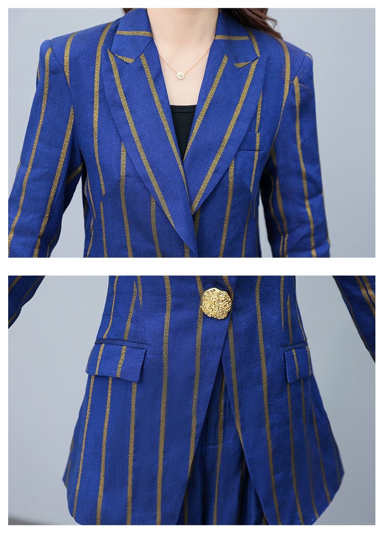 High-end gold striped blue/ white lady pantsuit, designer women spring blazer + pants suit set spring thin layer wedding prom office