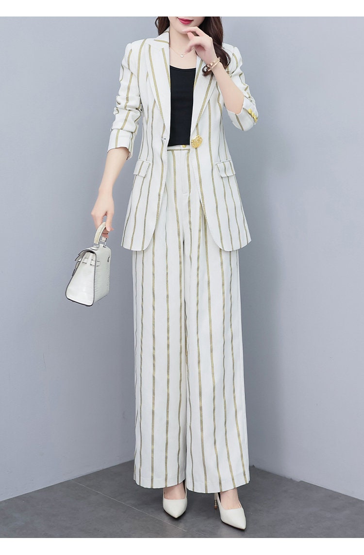 High-end gold striped blue/ white lady pantsuit, designer women spring blazer + pants suit set spring thin layer wedding prom office