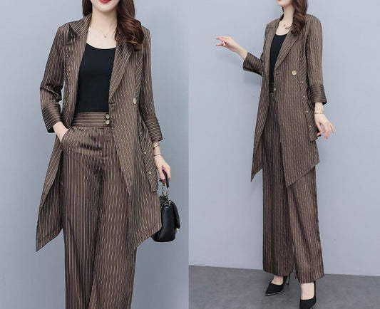 High-end striped brown lady pantsuit, designer women spring summer long blazer + pants suit set thin layer wedding prom office