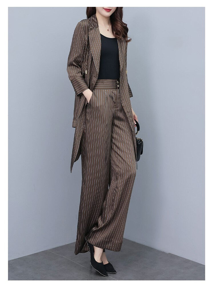 High-end striped brown lady pantsuit, designer women spring summer long blazer + pants suit set thin layer wedding prom office