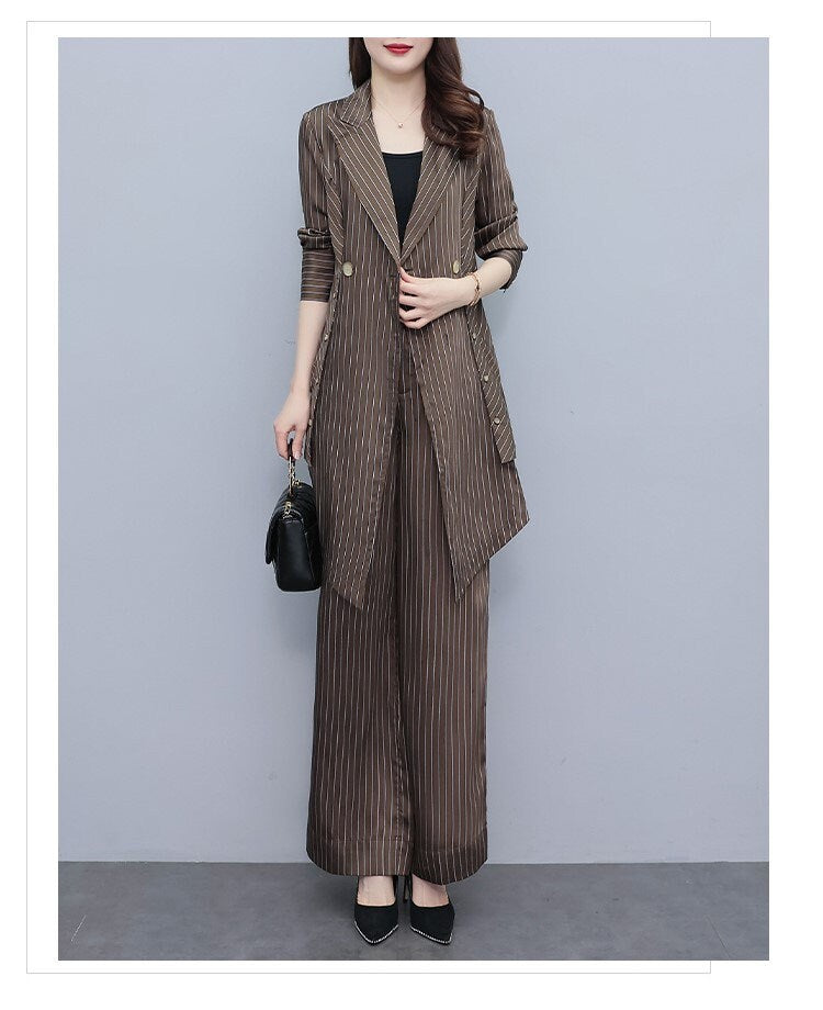 High-end striped brown lady pantsuit, designer women spring summer long blazer + pants suit set thin layer wedding prom office