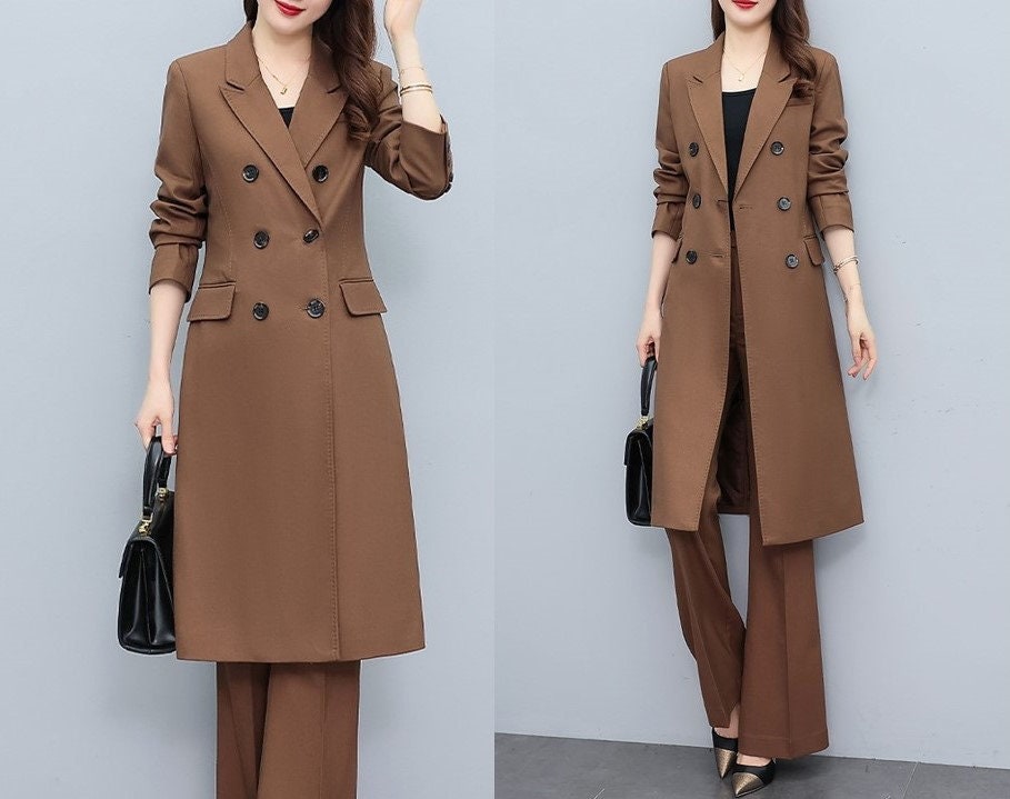 High-end brown lady pantsuit, designer women spring summer long blazer + pants suit set trench cost thin layer wedding prom office