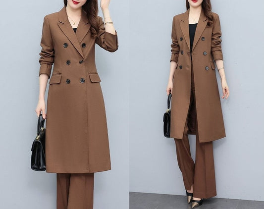 High-end brown lady pantsuit, designer women spring summer long blazer + pants suit set trench cost thin layer wedding prom office