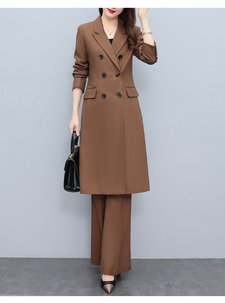 High-end brown lady pantsuit, designer women spring summer long blazer + pants suit set trench cost thin layer wedding prom office