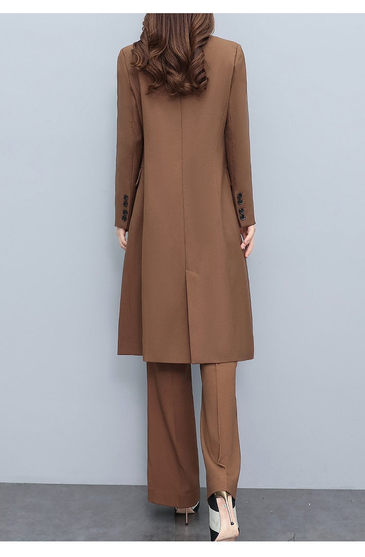 High-end brown lady pantsuit, designer women spring summer long blazer + pants suit set trench cost thin layer wedding prom office