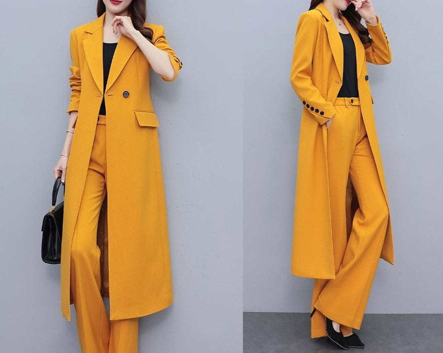 High-end amber color lady pantsuit, designer women spring summer long blazer + pants suit set thin layer wedding prom office