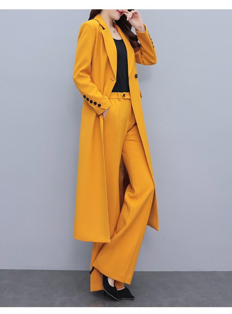 High-end amber color lady pantsuit, designer women spring summer long blazer + pants suit set thin layer wedding prom office