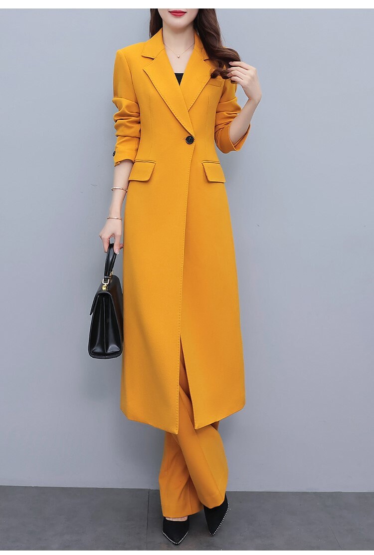 High-end amber color lady pantsuit, designer women spring summer long blazer + pants suit set thin layer wedding prom office