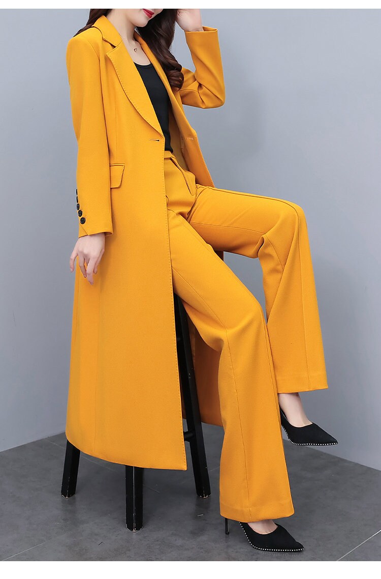 High-end amber color lady pantsuit, designer women spring summer long blazer + pants suit set thin layer wedding prom office