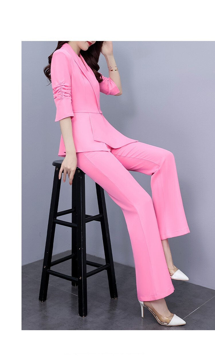 High-end pink slim cut lady pantsuit, designer women spring summer blazer + pants suit set thin layer wedding prom office