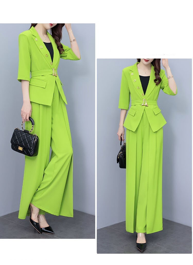 High-end lime colors lady pantsuit, designer women spring summer blazer + wide leg pants suit set thin layer wedding prom office