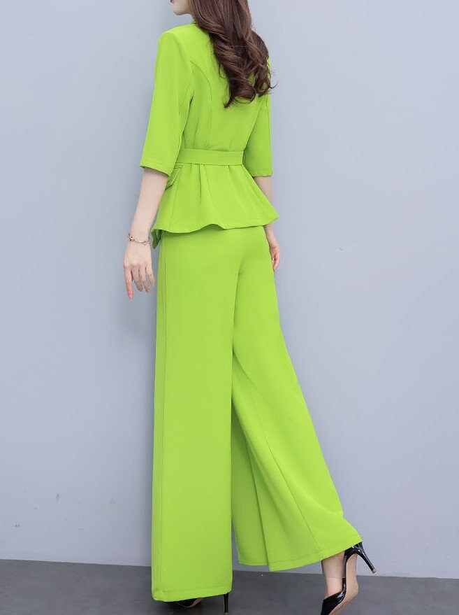 High-end lime colors lady pantsuit, designer women spring summer blazer + wide leg pants suit set thin layer wedding prom office