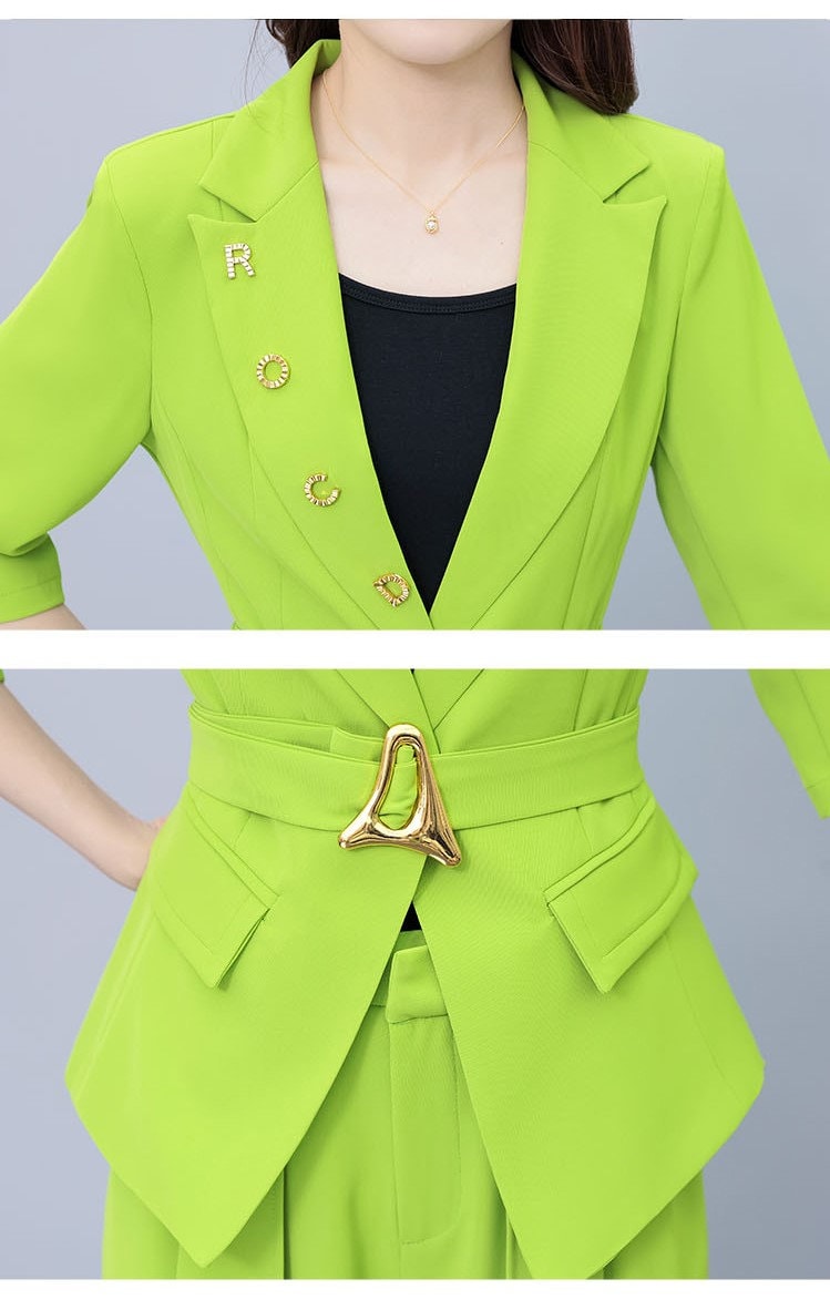 High-end lime colors lady pantsuit, designer women spring summer blazer + wide leg pants suit set thin layer wedding prom office