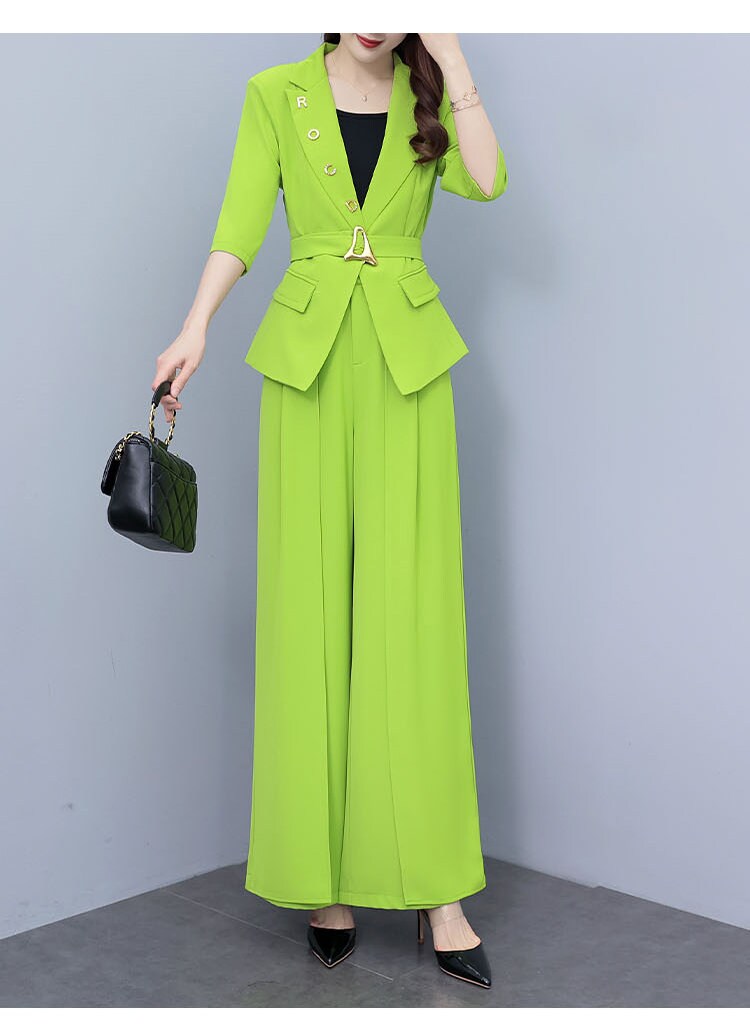 High-end lime colors lady pantsuit, designer women spring summer blazer + wide leg pants suit set thin layer wedding prom office