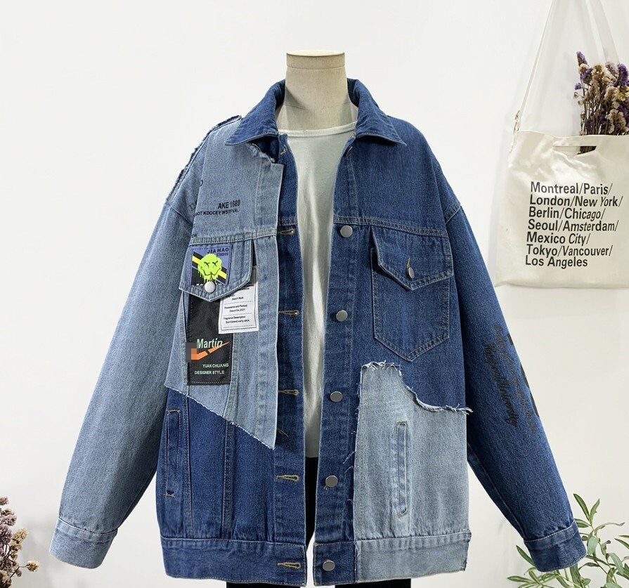 Patchwork loose fit denim jacket, designer woman streetwear asymmetric jacket smart casual/ party event/ office outdoors