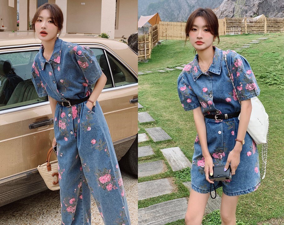 Denim Vintage Floral Jumpsuit, Woman Rompers Street Smart Casual Unique Overalls Holiday Playsuit for Outdoors Wedding Prom Party Gift