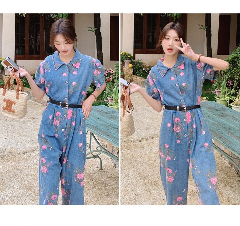 Denim Vintage Floral Jumpsuit, Woman Rompers Street Smart Casual Unique Overalls Holiday Playsuit for Outdoors Wedding Prom Party Gift