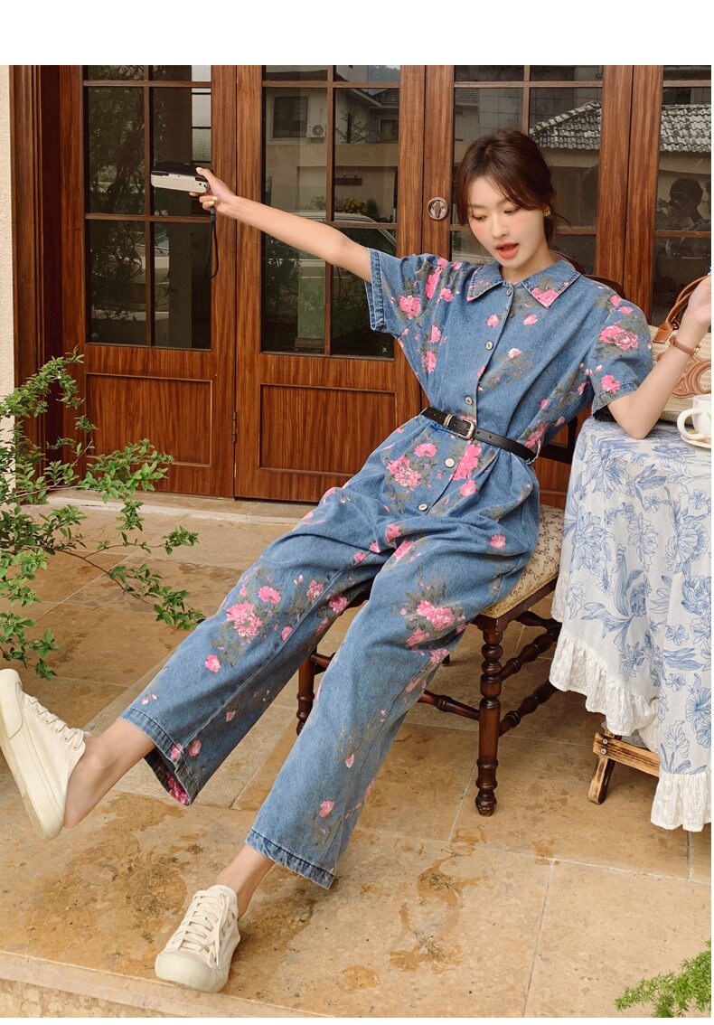 Denim Vintage Floral Jumpsuit, Woman Rompers Street Smart Casual Unique Overalls Holiday Playsuit for Outdoors Wedding Prom Party Gift