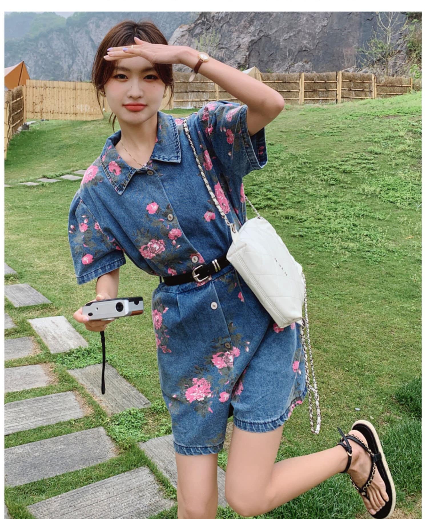 Denim Vintage Floral Jumpsuit, Woman Rompers Street Smart Casual Unique Overalls Holiday Playsuit for Outdoors Wedding Prom Party Gift