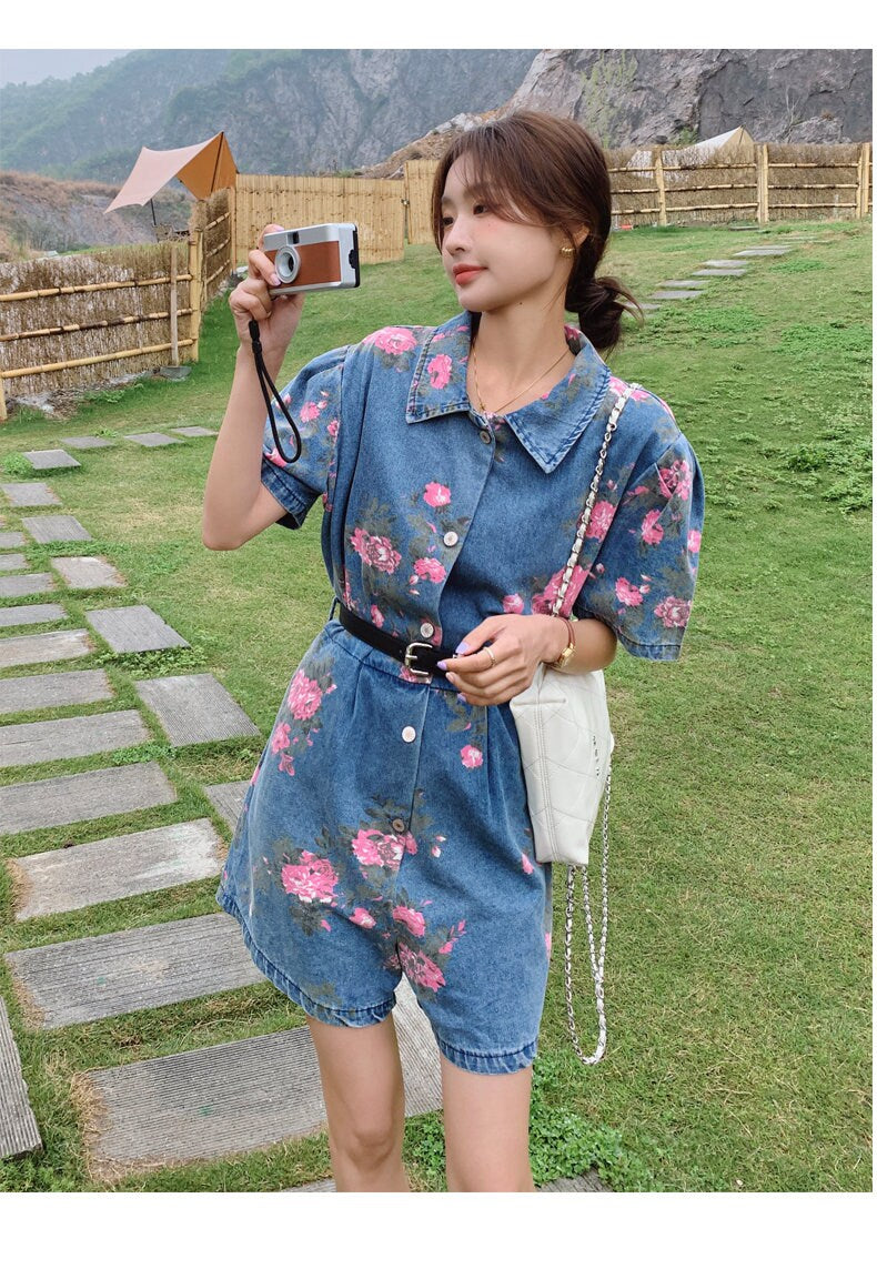 Denim Vintage Floral Jumpsuit, Woman Rompers Street Smart Casual Unique Overalls Holiday Playsuit for Outdoors Wedding Prom Party Gift