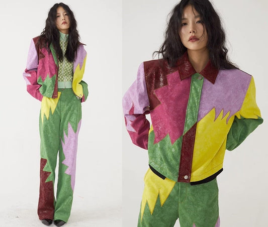 Patchwork asymmetric PU jacket + pants set, designer woman colorful pantsuit smart casual party event office outdoors