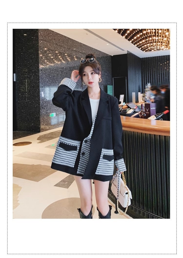 Patchwork houndstooth pattern blazer, designer woman suit jacket loose fit smart casual formal office outdoors wedding suit